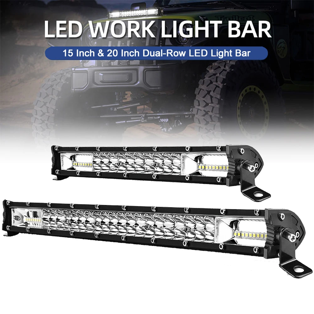 15/20 Inch Dual Row LED Light Bar Offroad Spot Flood Combo LED Work Light Bar Waterproof Driving Lamp for Jeep Truck SUV 4x4 Off Road Vehicles