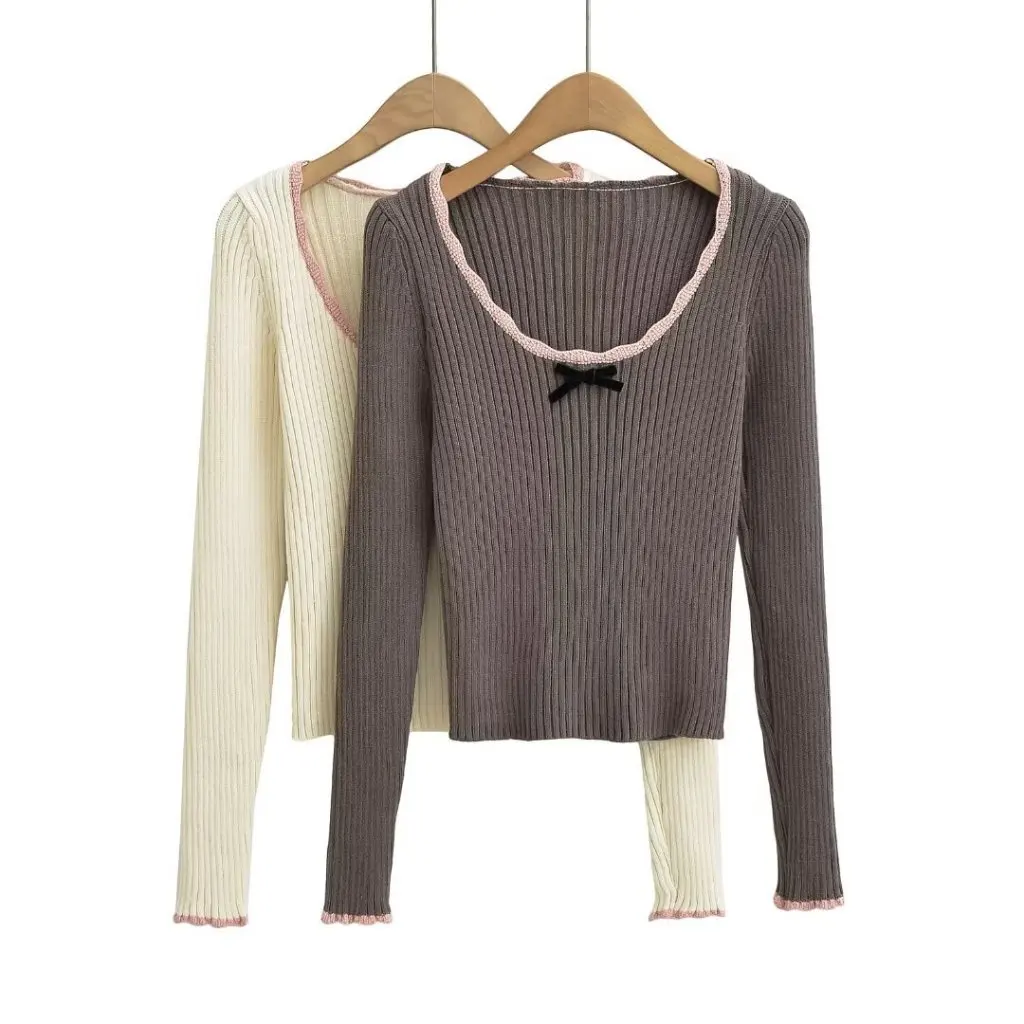 

Women's Contrast Color Stitching Collar Slim Fit round Neck Pullover Sweater Pure Temperament New Style Large Size