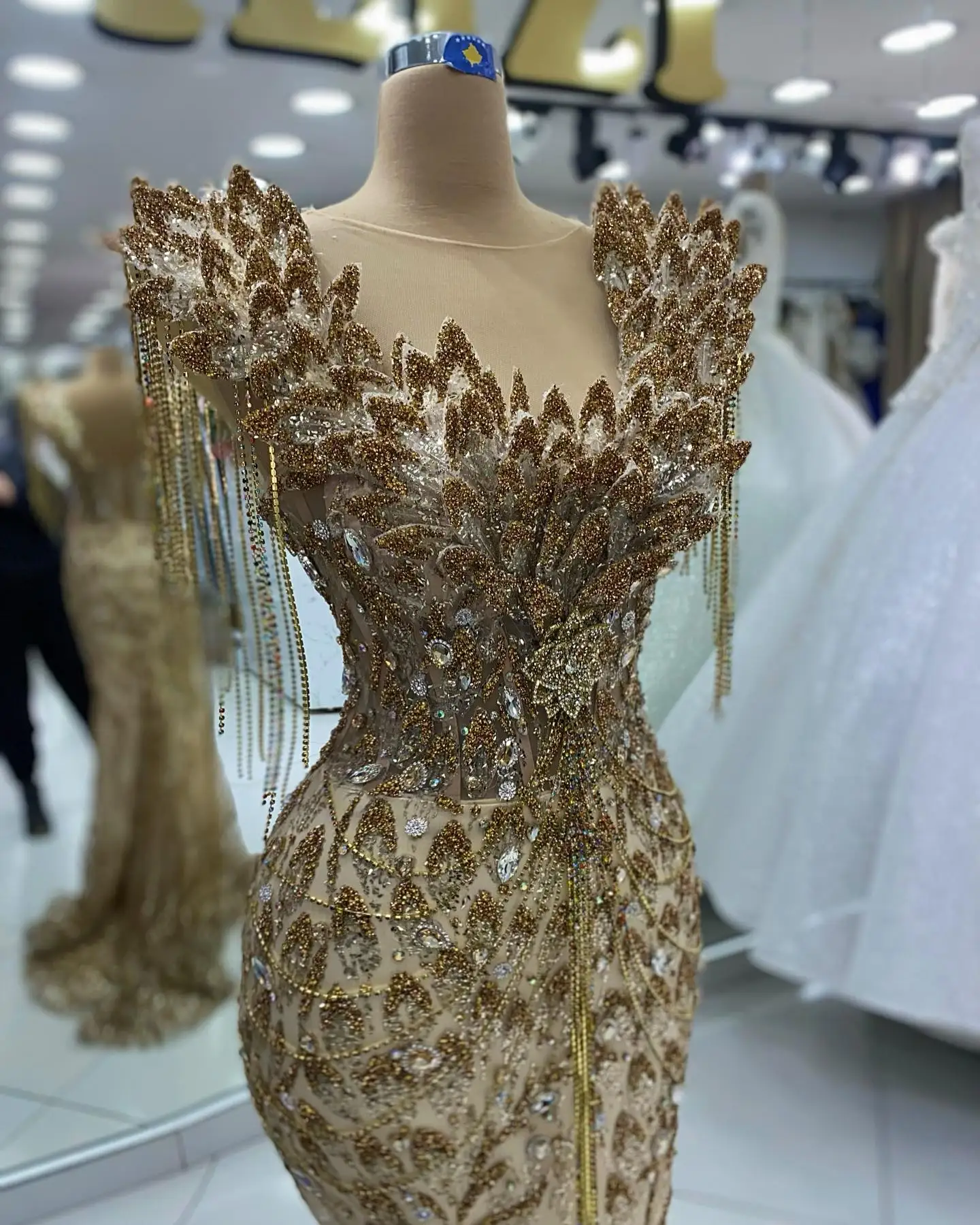 Dubai Woman Gold Mermaid Formal Evening Dresses Beaded Tassel 3D Appliques Wedding Party Gown Celebrity Ceremony Dress Prom Robe