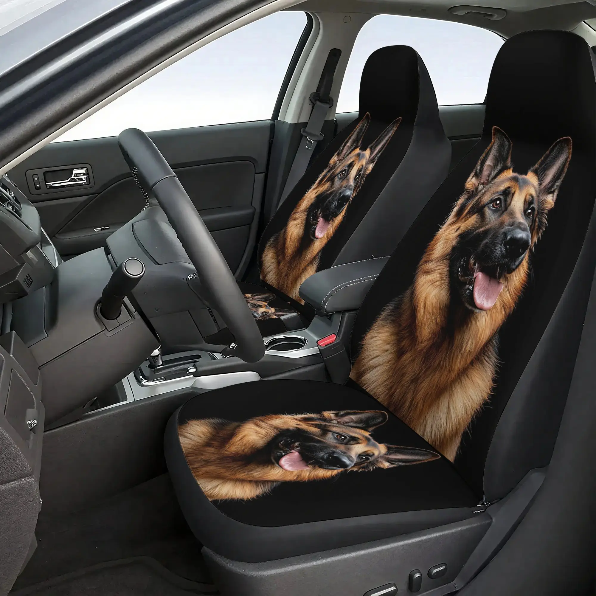 7pcs 2D Printed German Shepherd Print Car Seat Covers Set, Includes 2 Front + 1 Rear Bottom Cushion + 1 Rear Backrest + 3 Headre