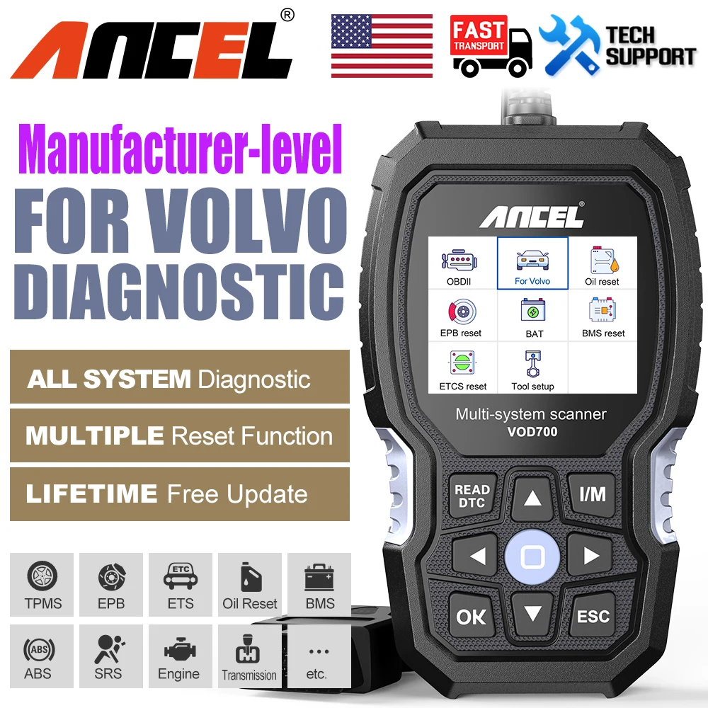 ANCEL-herramienta de diagnóstico para VOLVO, sistema completo de escáner OBDII, ABS, SAS, SRS, TPMS, EPB, ODB 2, od700