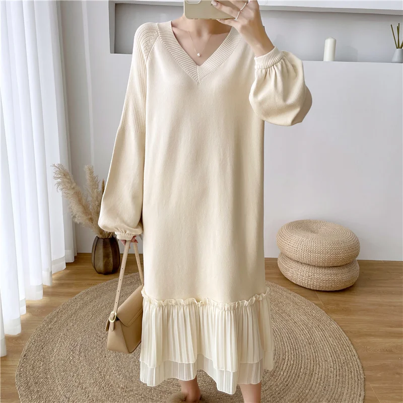 French Pink medium long V-neck dress Autumn/Winter 2023 new loose skinny knitted sweater pleated knee length skirt