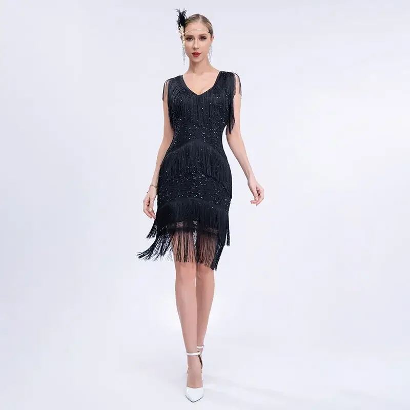 

Sequin fringed retro banquet slim vest evening dress Latin dance performance clothing fringe skirt