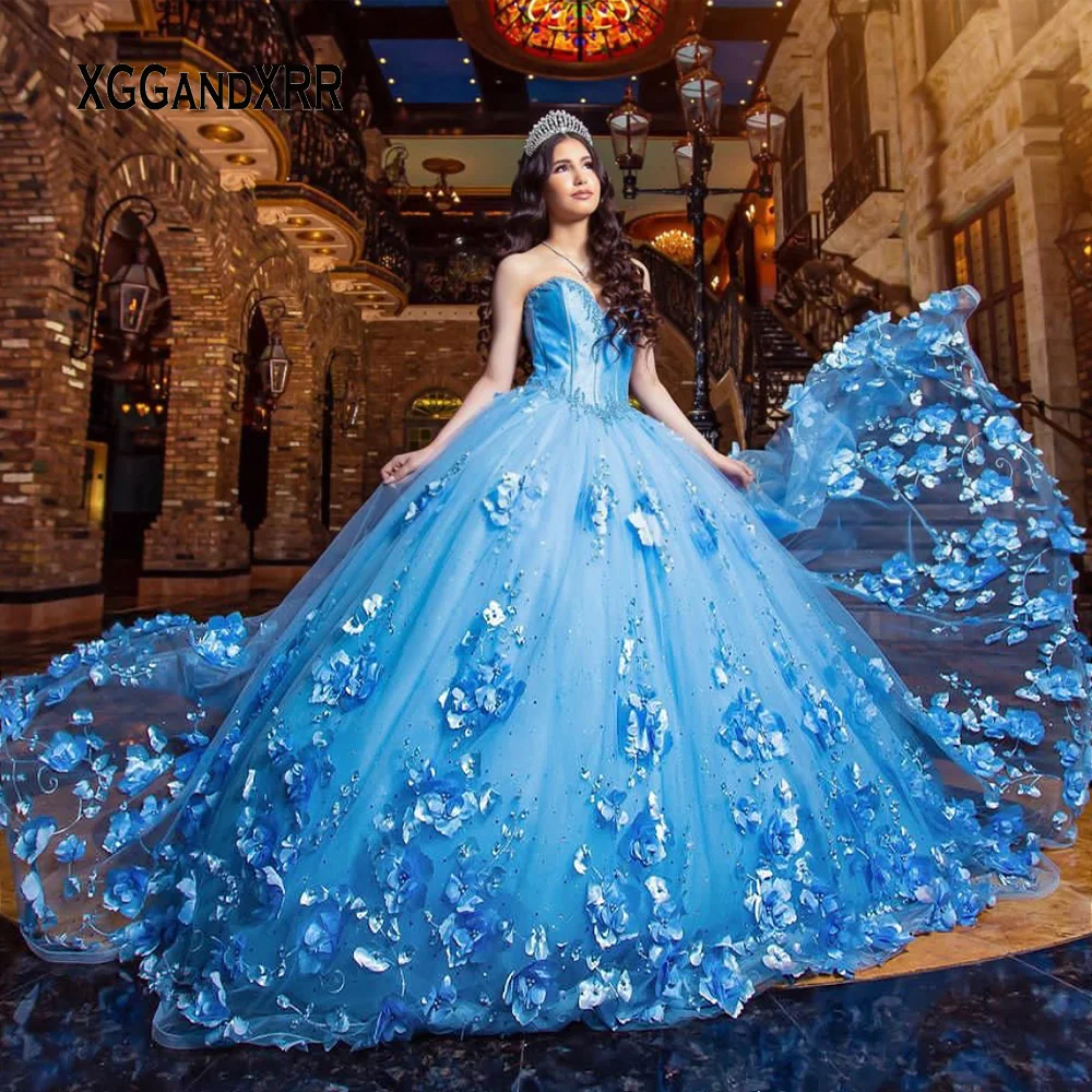 Небесно-голубые платья для Quinceanera 2023, милое бальное платье с открытой спиной и цветами, официальное желтое длинное милое платье с жемчугом д...