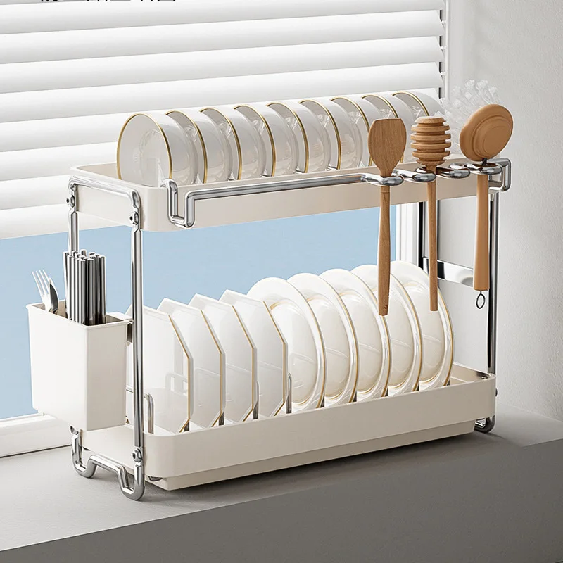 

Dish rack Kitchen Organizer Bowl Rack with Draining Tray Multifunctional Tableware Cutlery Wipes Storage Box Cupboards