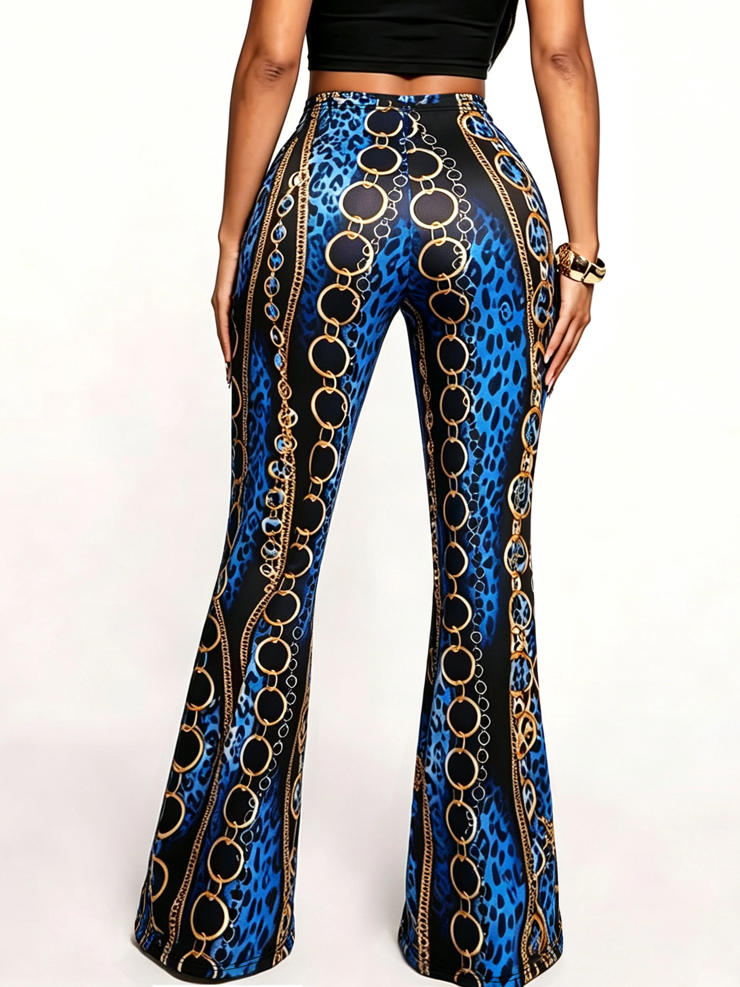 1551 [Printed Pants - Not Faux Denim Fabric]2D Printed Faux Effect, Printed Flared Trousers - Non-Faux Denim Fabric,