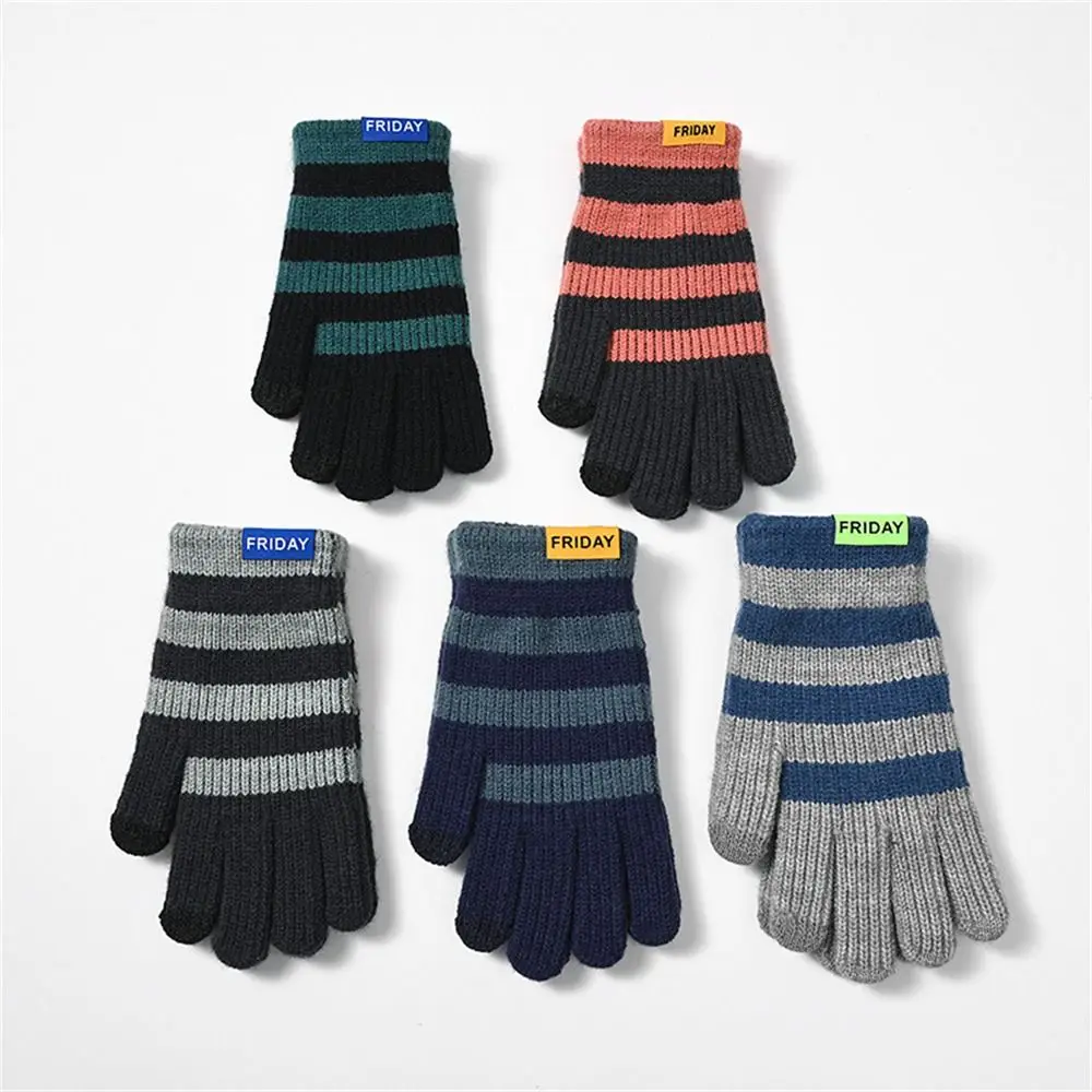 Fashion Knitting Warm Gloves Touch Screen Thicken Knitted Mittens Stripe Stretch All Finger Gloves for Outdoor Cycling Driving