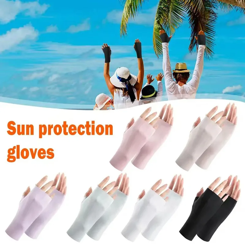 Solid Simple Fingerless Ice Gloves Sun Protection Casual Driving Cycling Short Gloves Thin Breathable Elastic Mittens For Women