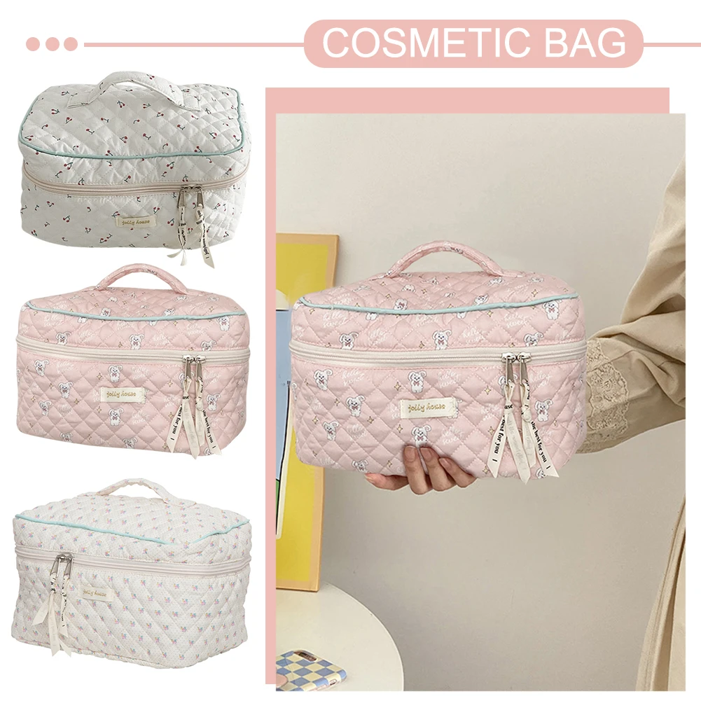 Organisateur de rangement coréen, sac de maquillage matelassé imprimé, pochette à cosmétiques imprimée de fleurs, grand sac à cosmétiques de voyage, accessoire de maquillage