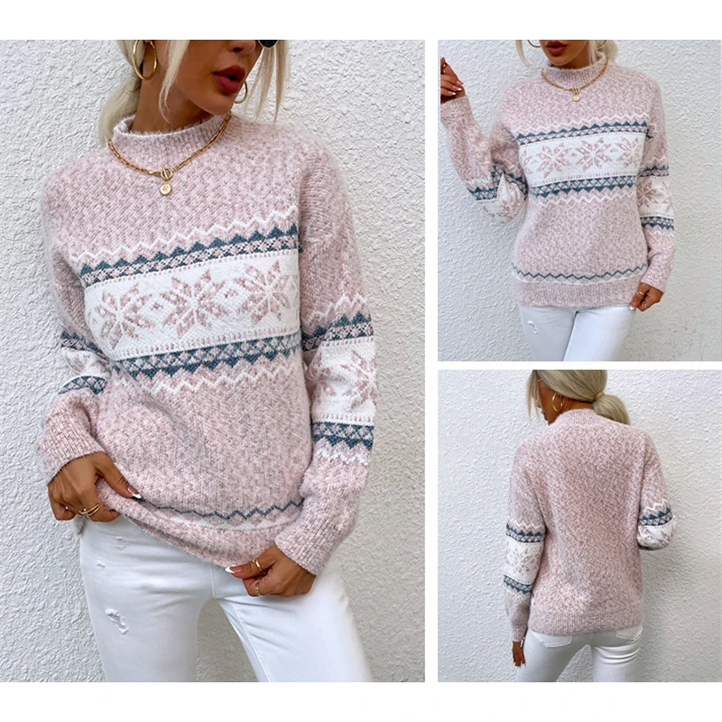 Christmas Turtleneck Snowflake Knit Loose Sweater Winter Fashion Warm Pullover Casual Women Sweaters