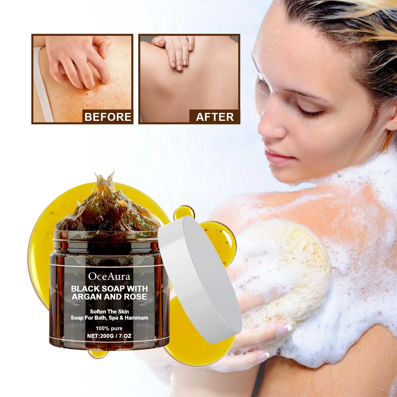 OCEAURA 200 جرام صابون أسود مع الأرغان والورد يفتقر صابون بليدي مثالي لإزالة الجلد الميت وفرك الجسم وتنقية التنظيف العميق #3