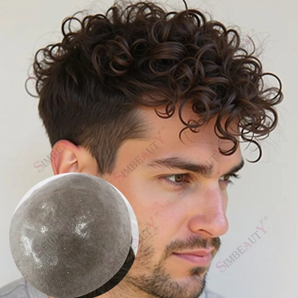 

Ash Blonde Grey 25mm Curly Men's Capillary Prosthesis Durable Full Vlooped PU 0.06mm Super Thin Skin Natural Hairline Men Toupee