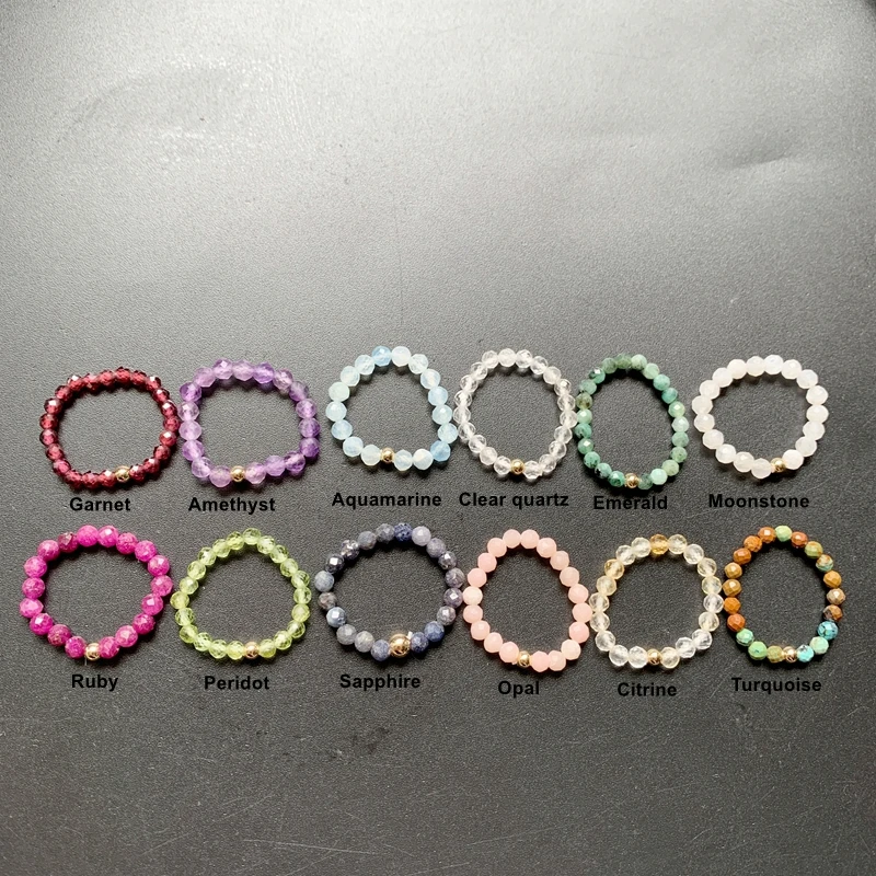 12 Zodic Birthstone Ring 3mm Peridot Ruby Moon Stone Faceted Beads Ring Finger Jewelry Elastic String Jewelry 1pc
