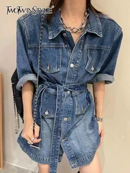 TWOTWINSTYLE Patchwork Button Denim Dresses For Women Lapel Long Sleeve High Waist Mini Solid Summer Dress Female Fashion 2023