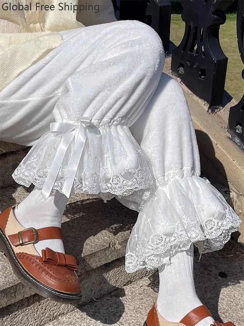 

Lolita Winter Cute Plush Pumpkin Pants Cosplay New Japanese Style Soft And Cute Women's Lace Bow Loose Lantern Pants Leggings