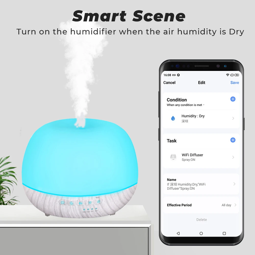 WiFi Smart Aroma Diffuser Oil Air Humidifier Ultrasonic Usb Essential Oil Diffuser Wood Grain Colorful LED Light for Home Office