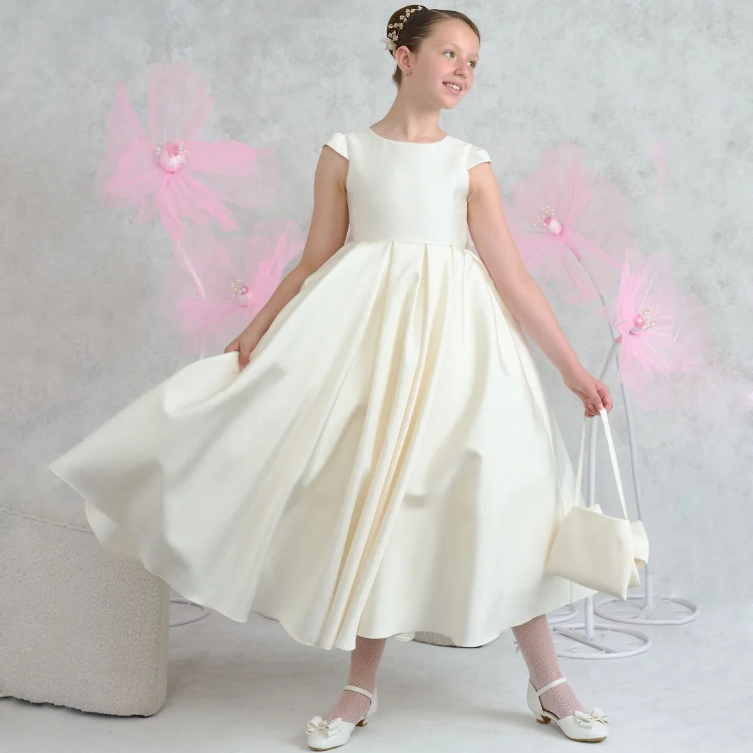 Customized Flower Girl Dress Ivory Satin Pleat With Bow For Wedding Birthday Party Prom Banquet Holy Communion Ball Gown