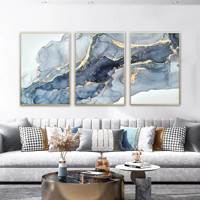 3 Pieces Abstract Blue Marble Fluid Texture Painting Posters Canvas Prints Wall Art Pictures for Living Room Modern Home Decor