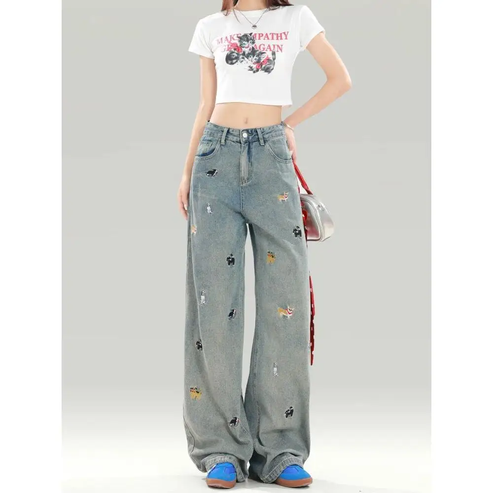 

Waed Denim Jeans Women's Straight Leg Wide Leg Pants Slimming Floor-Length Casual Cotton Blend Embroidered Comfortable Fit