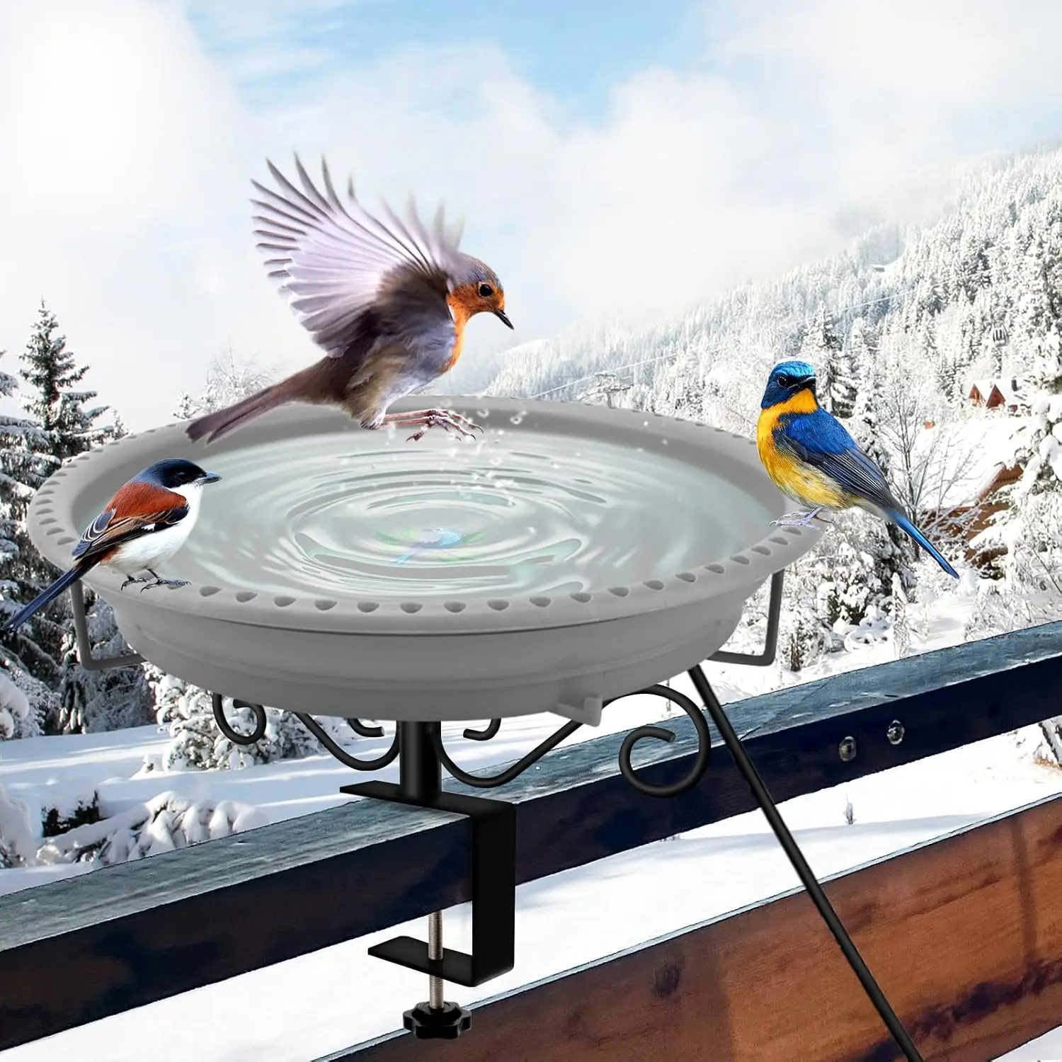

100W Thermostatically Controlled Heated Bird Bath for Outdoor Deck Railing, Winter Garden Patio Yard in Gray