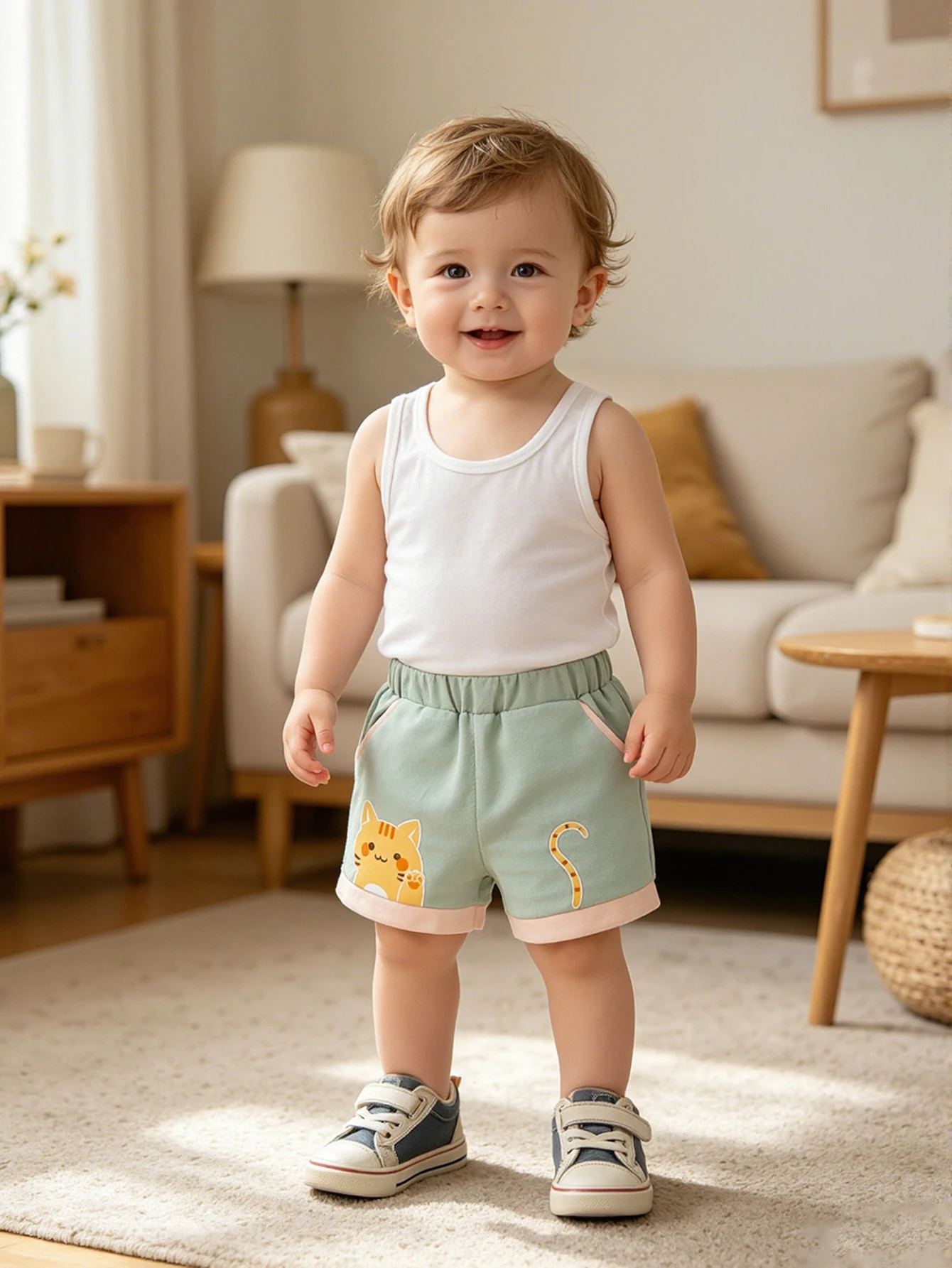 

Baby Boy Spring & Summer Kitten Print Shorts Pockets with Contrast Color Binding Fashion Casual Kids Apparel