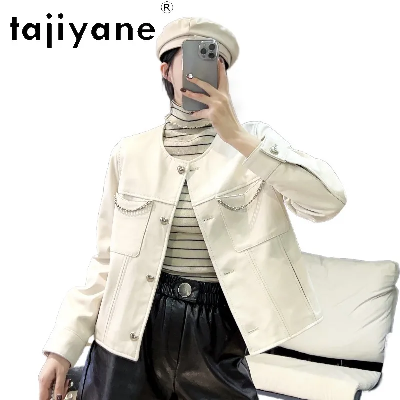 TAJIYANE Sheepskin Genuine Leather Jacket Woman Outerwear Slim Fit Cropped Jackets for Woman Round Neck Leather Coat Jaqueta