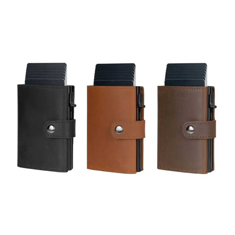 Casekey Men Credit Metal Card Holder RFID Blocking Minimalist Crazy Horse Genuine Leather Pop Up Trifold Wallet with Coin Purse