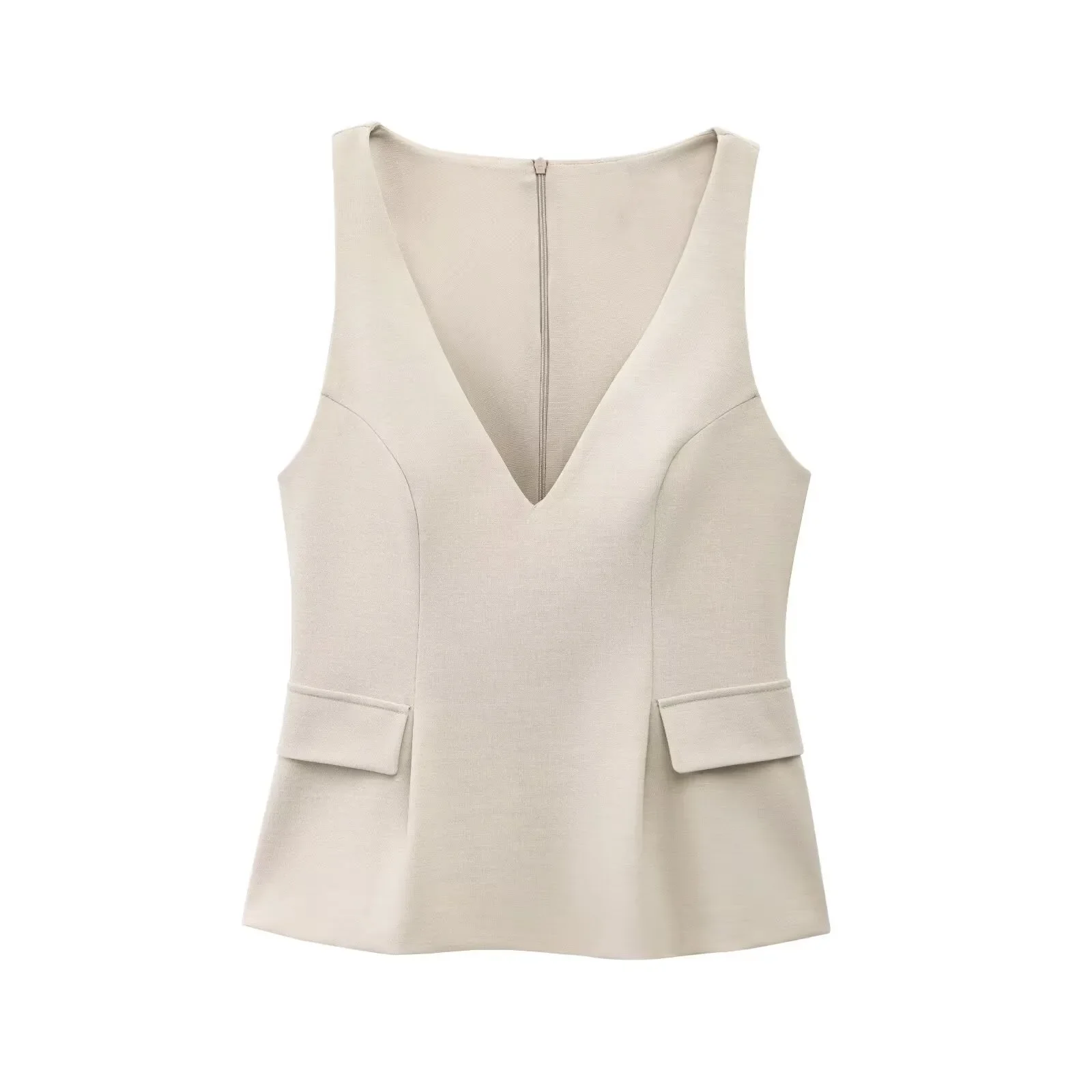 

ZBZA Women's Slim Fit Vest Pleated V-neck Sleeveless Hidden Zipper Solid Patch Pocket Short Skirt Hem Top Summer New Chic Shirt