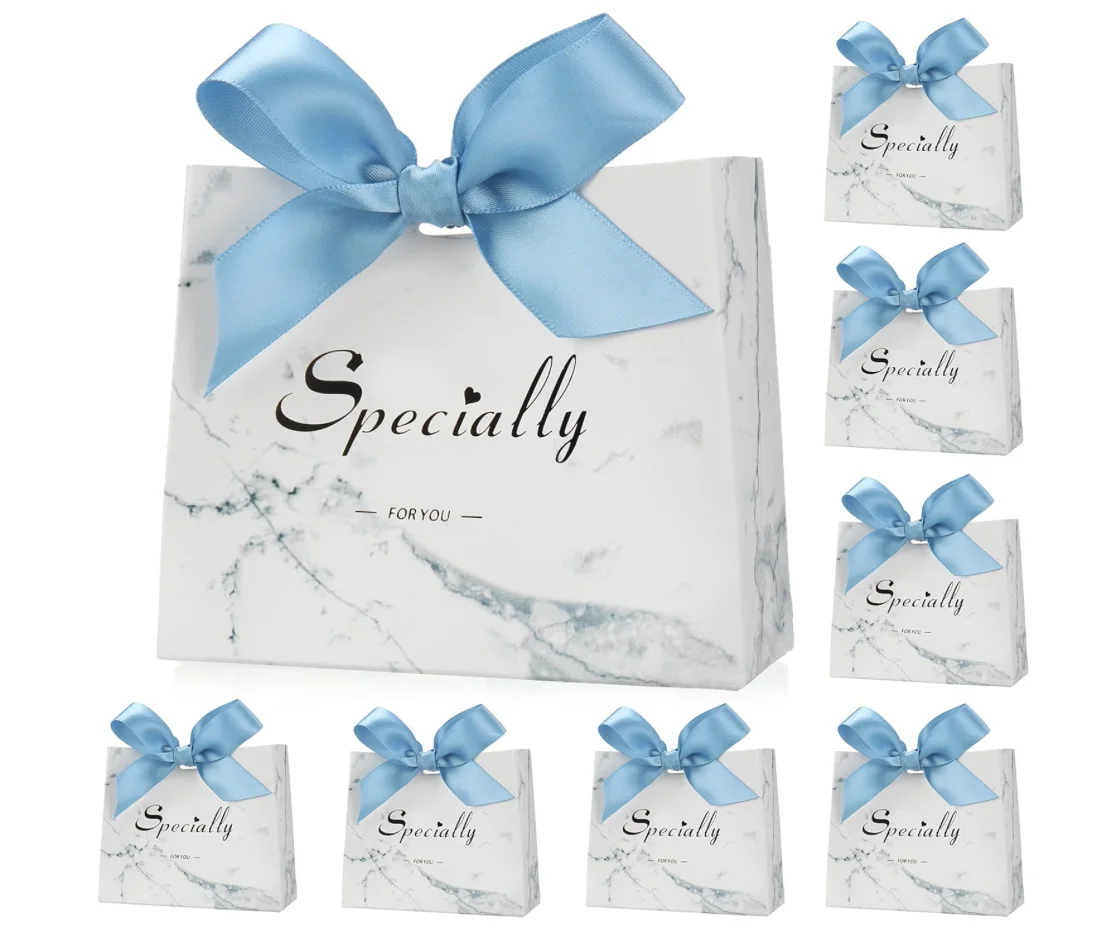 50 Pack Small Party Gift Bags, Marble Mini Thank You Bags with Blue Bow Ribbon, 4.5x1.8x3.Inches, Paper Favor Bags for Wedding