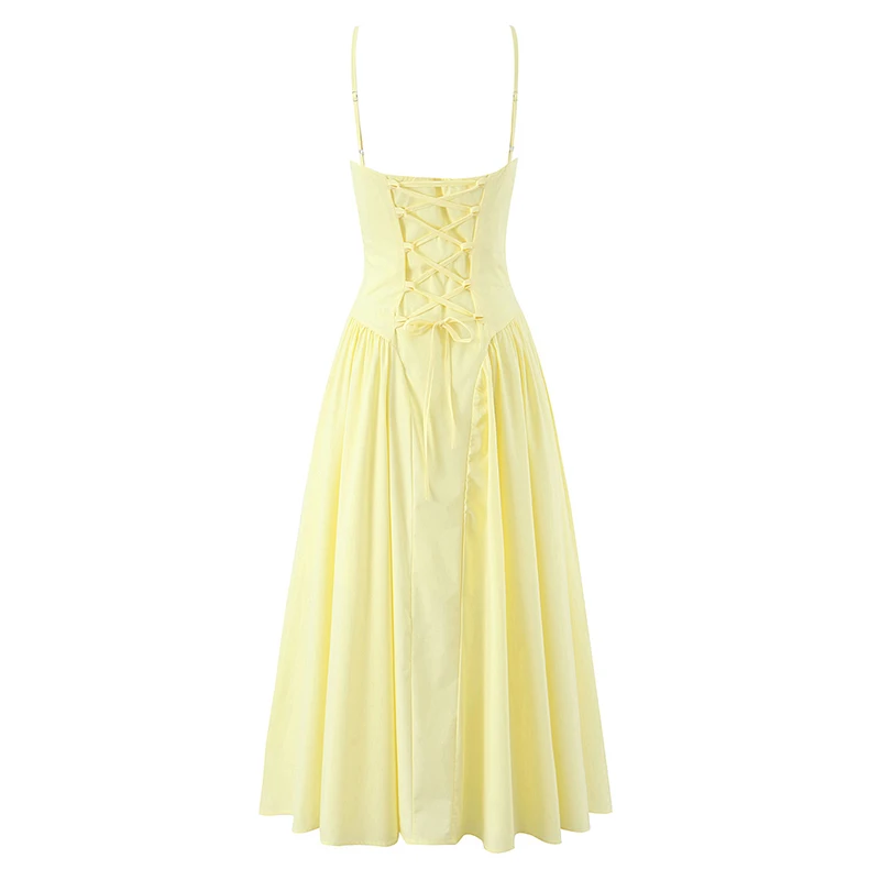 Summer Women Spaghetti Strap Slim Sexy Elegant Party Dress Lace Up Back Holiday Robe Midi Vestidos - view 4
