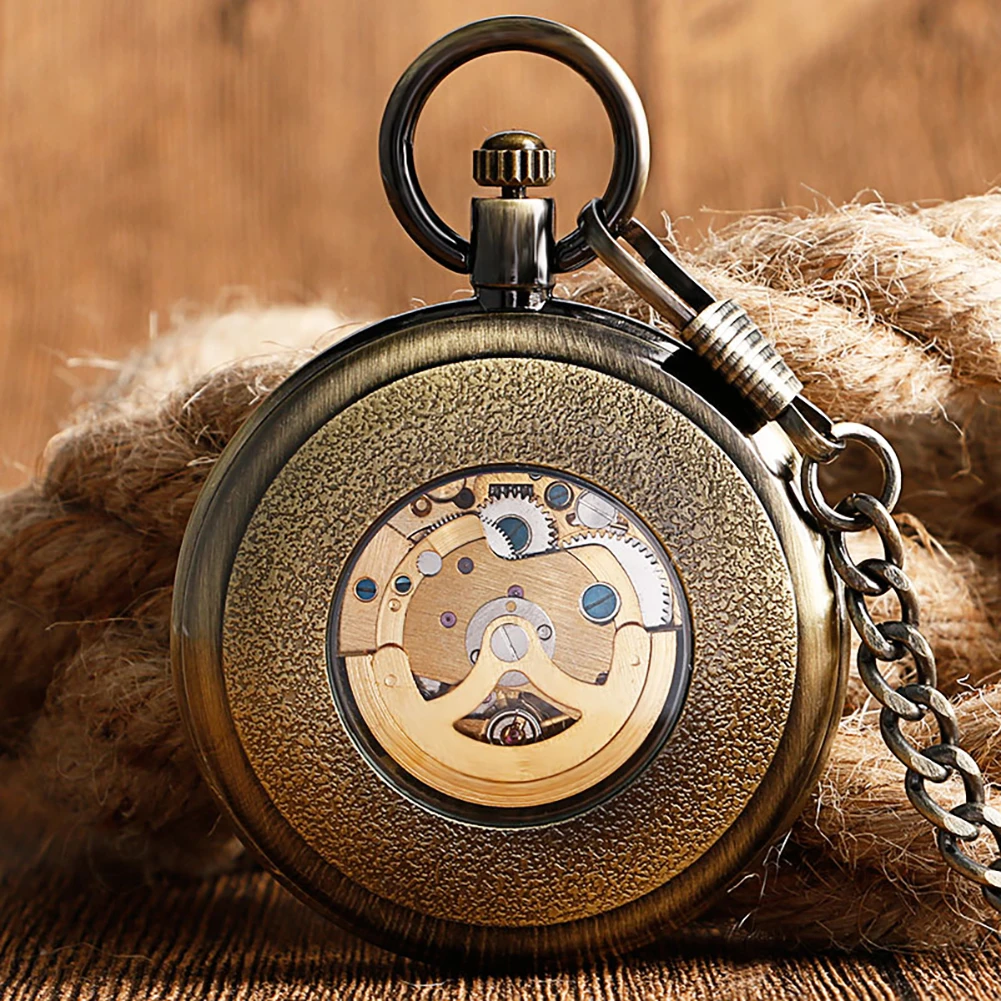 Vintage Bronze Capless Mechanical Pocket Watch Black Roman Numeral Dial Pendant Clock Automatic Winding Pocket Watch Thick Chain