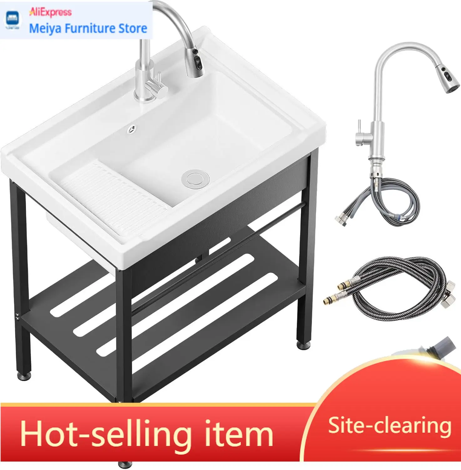 

Laundry Room Sink Ceramic Utility Sink Freestanding Washboard Faucet Hoses Drain Kit Basement Outdoor Indoor