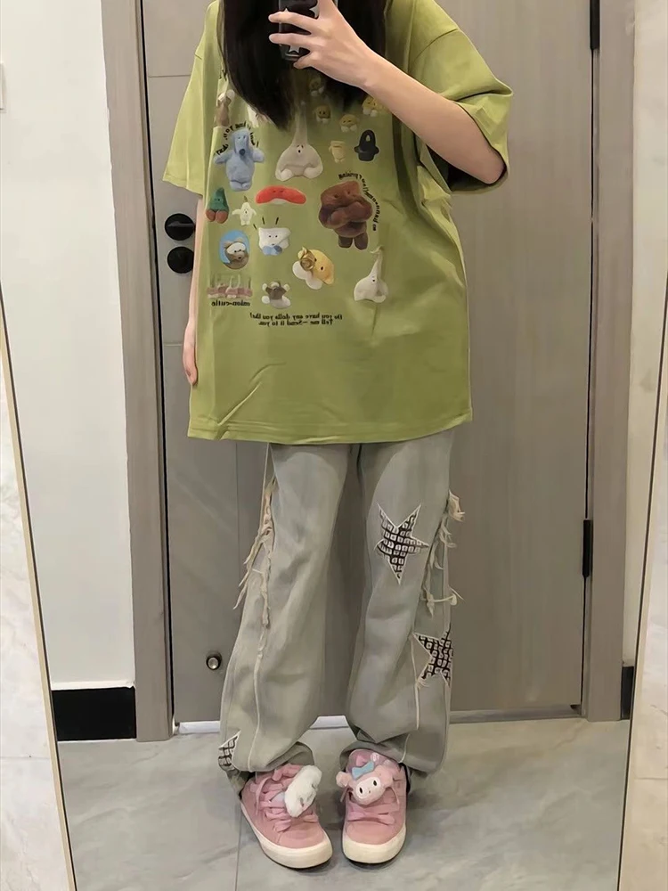 

Женская уличная одежда с вышивкой звезд, мешковатые дизайнерские брюки Sense, осень 2023, новые винтажные широкие джинсовые брюки большого размера