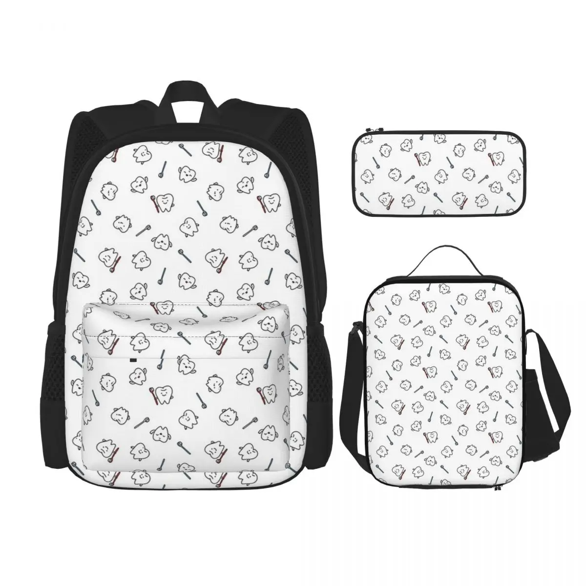 

Funny Teeth. Cute Tooth Art. Dentist Pattern Design Backpacks Bookbag School Bags Rucksack Lunch Bag Pen Bag Three-Piece Set