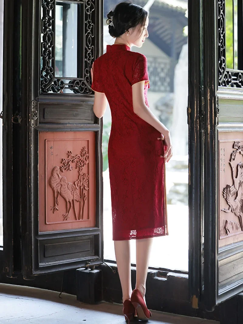 2023 Summer Wine Red Cheongsam Slim Vintage Women Lace Dress Short Sleeve Chinese Style Evening Wedding Dresses Qipao S To XXL