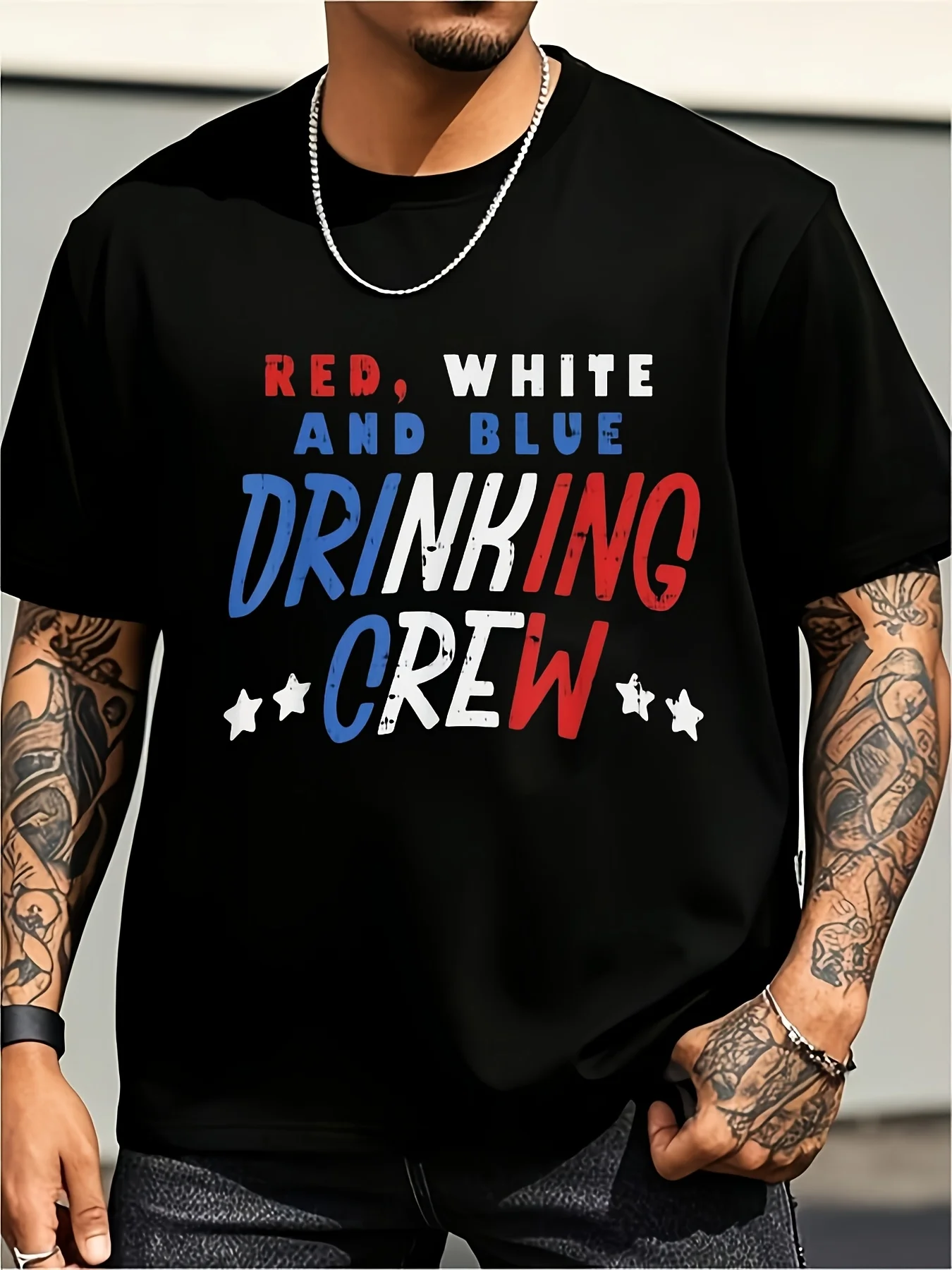 Red, White, and Blue Drinking Squad Fun American Independence Day T-Shirt, Plus Size Vintage Casual Round Neck Printed T-Shirt, Unisex