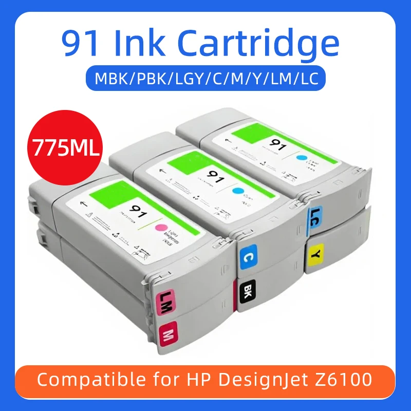 

Совместимый картридж для HP 91, совместимый с принтером HP Designjet Z6100 Z6100ps 775ML C9464A C9465A C9466A C9467A C9468A C9469A