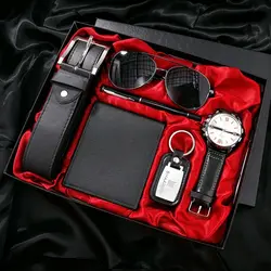 Men Gift Business Luxury Company Mens Set 6 in 1 Watch Glasses Pen Keychain Belt Purse Welcome Holiday Birthday