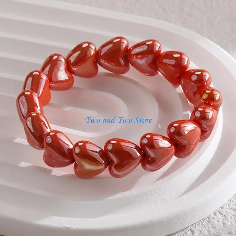 HX6F Glossy Heart Bracelet with Mixed Material Beads for Casual Styling
