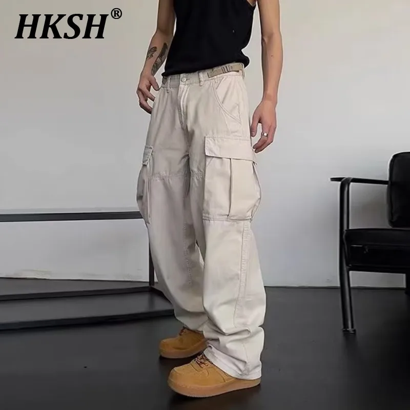 

HKSH High Street Hip Hop American Safari Style Multi Pockets Loose Overalls Casual Cargo Pants Straight Trendy Dark Punk HK0560