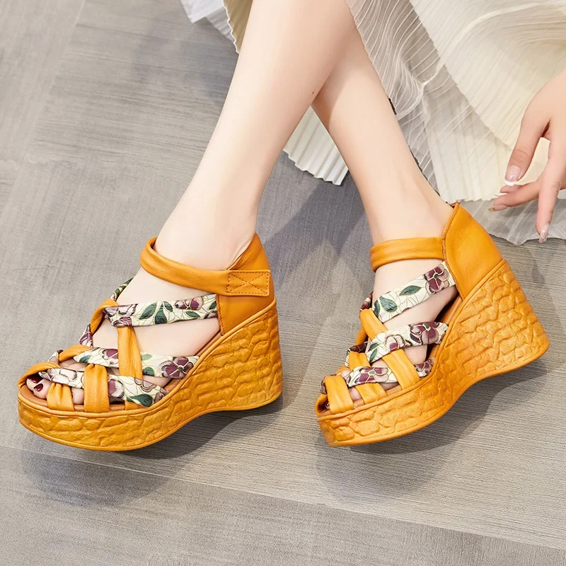 DRKANOL 2024 Women Wedges Sandals Summer Shoes Printing Cross Genuine Leather National Style Chunky Platform Fish Mouth Sandals