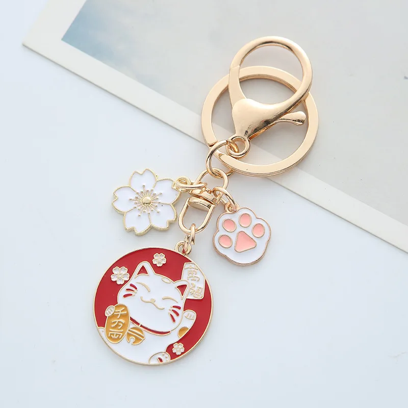Cute Enamel Lucky Cat Keychain for Women Fashion Cherry Blossom Cat\'s Paw Koi Key Chain HandBag Decoration Jewelry Girls Gift