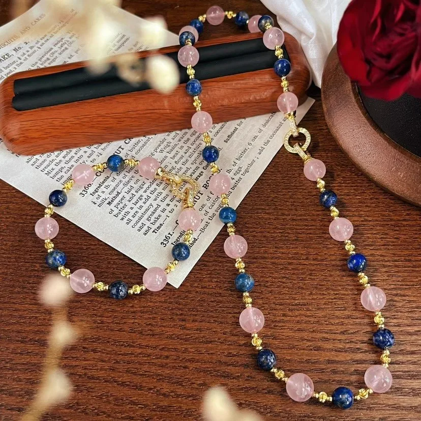 Bohemian Style Natural Rose Quartz and Blue Aventurine Jewelry Set for Women Vintage Design with Necklace and Bracelet New Item