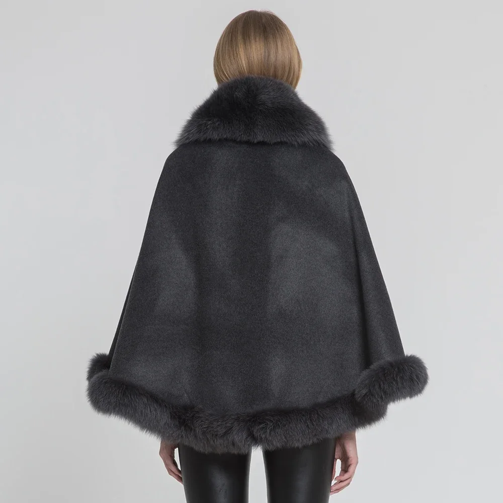 Brown Color New Big Cape Woolen Real Fox Fur Collar Poncho Luxurious Winter Shawl