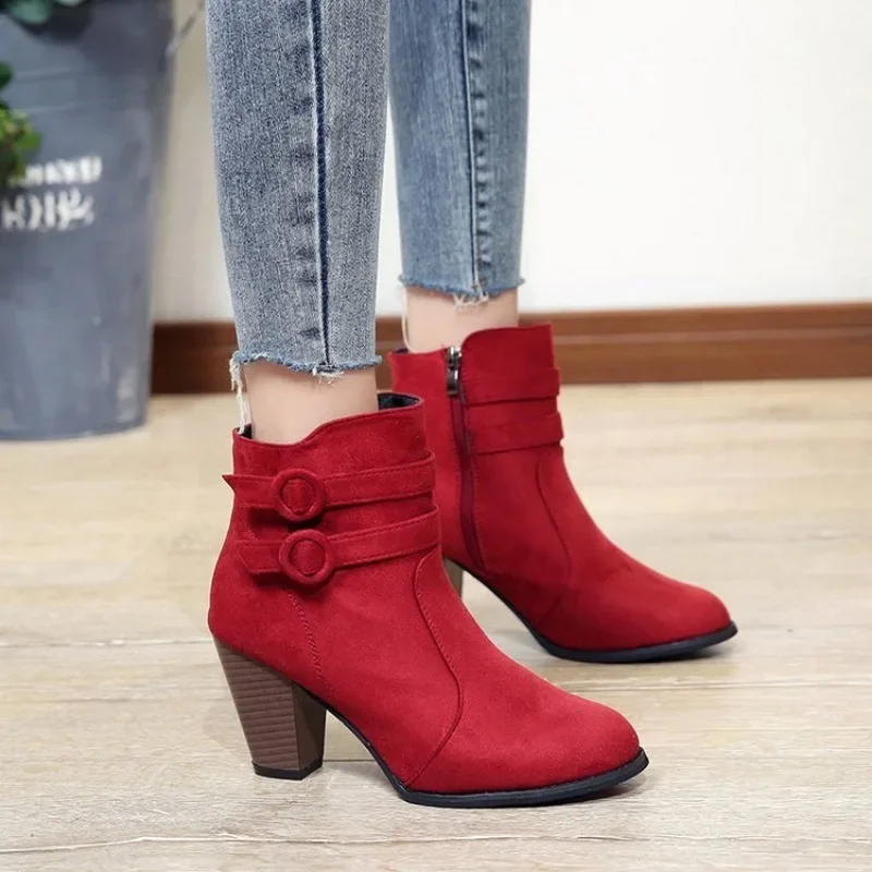 Stivali da donna autunno e inverno retrò tacco quadrato donna scarpe alte moda stivaletti a punta per donna Botines De Mujer