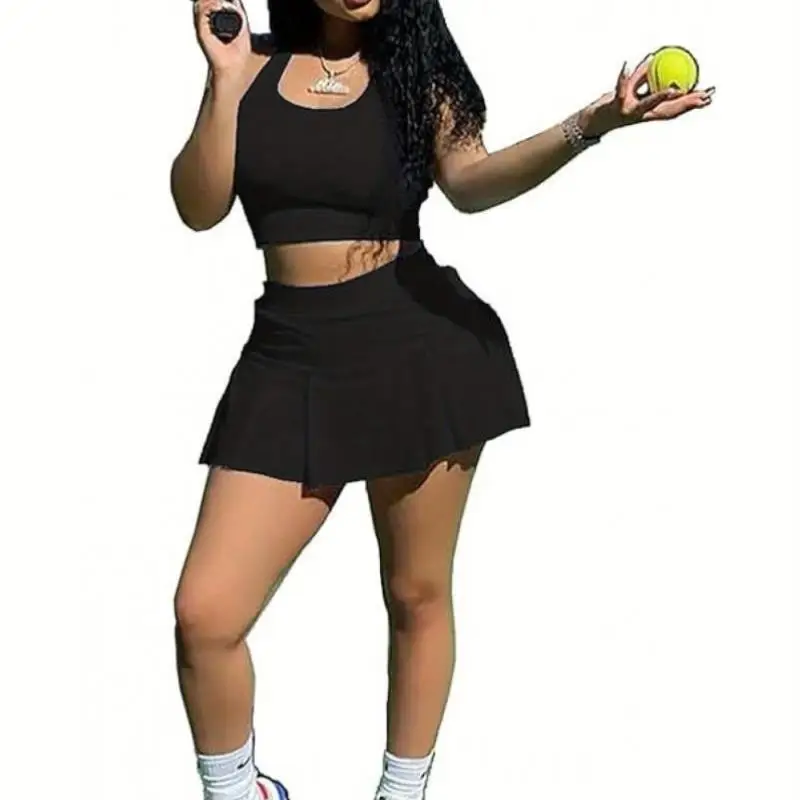 

Женский повседневный спортивный комплект из двух предметов, юбка, жилет для костюма, материал из ПВХ, дизайн «летучая мышь» со средней талией