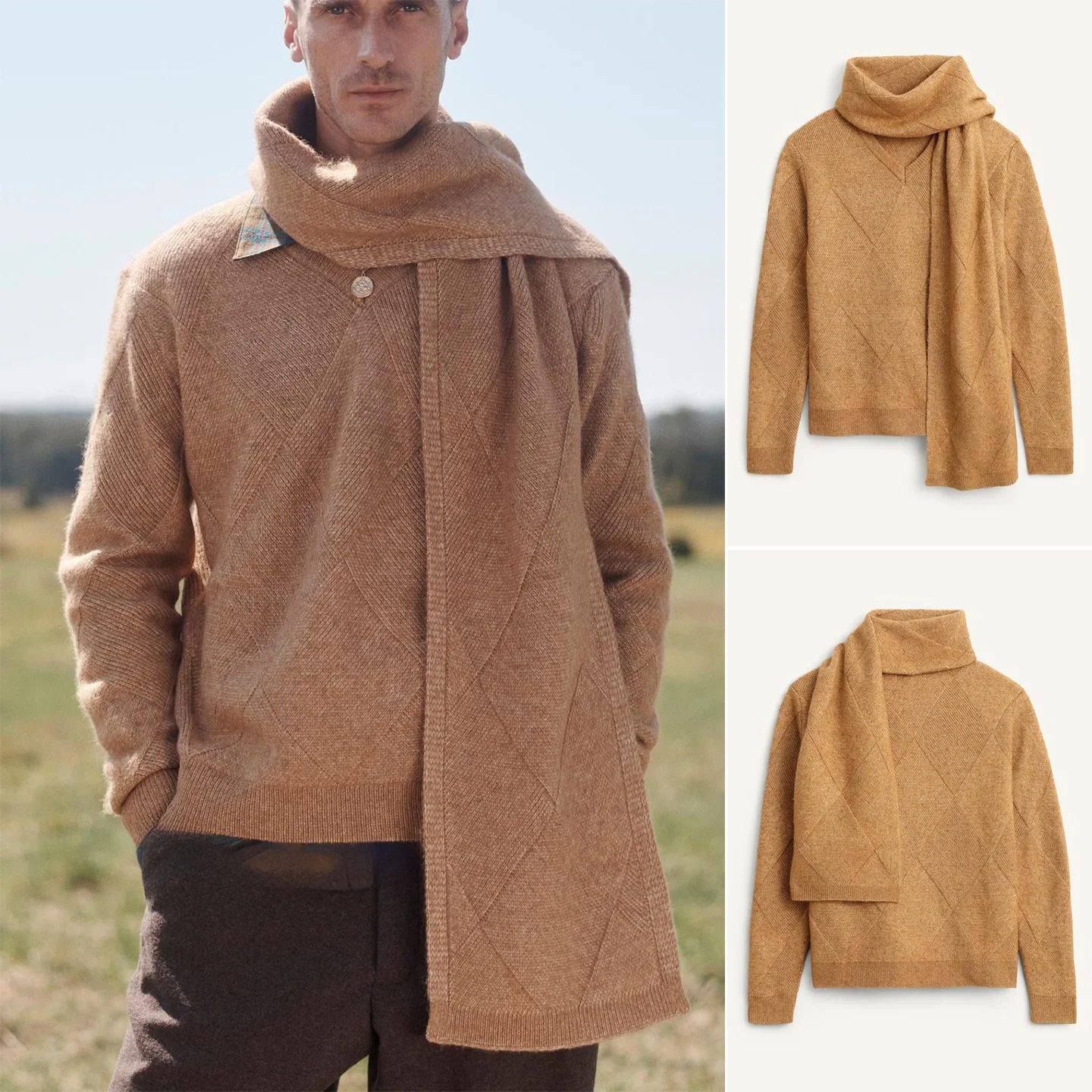 

Осенне-зимний новый мужской свободный вязаный свитер с шарфом, длинным рукавом, V-образным вырезом, с бахромой, из полиэстера, повседневный, удобный, дышащий