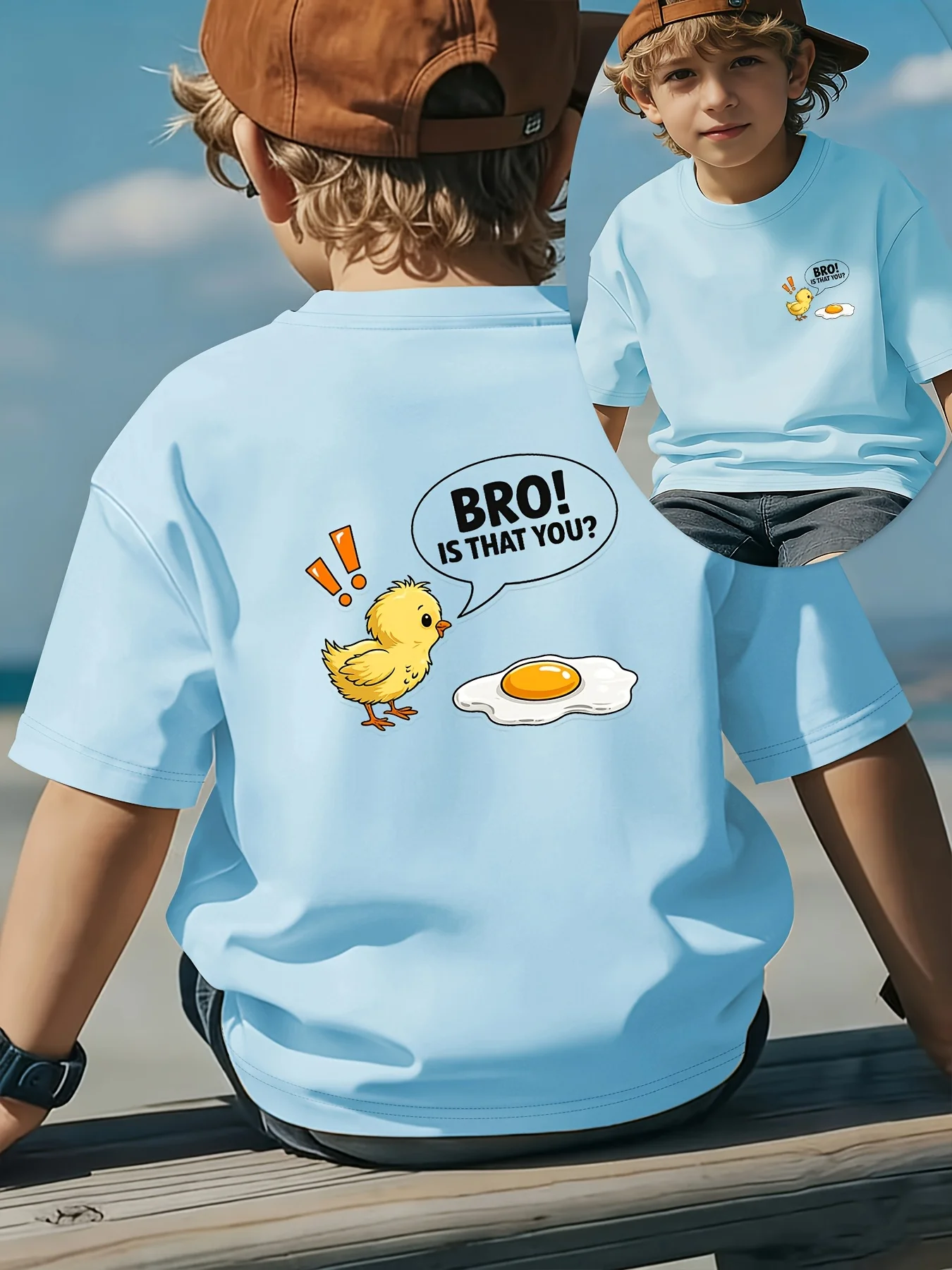 Cute Chicken Dialogue Box BRO!  IS THAT YOU? Summer Casual Round Neck Children's Top, Summer Round Neck Parent-child Outfit