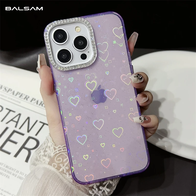 Fashion Transparent Gradient Laser Love Heart Case For iPhone 15 14 Plus 13 11 12 Pro Max Shockproof Glitter Diamond Lens Cover