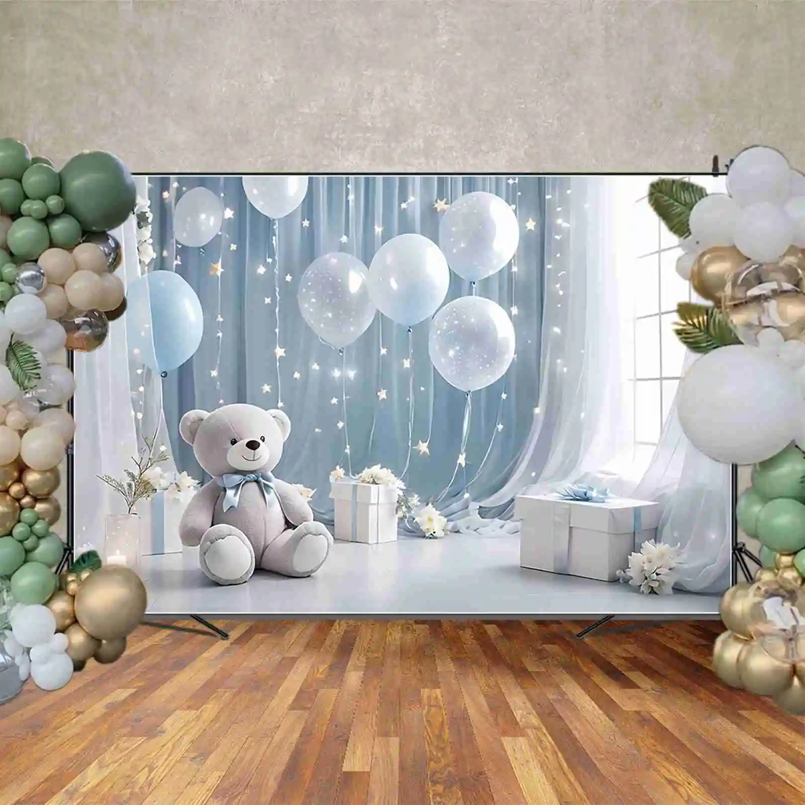 MOON.QG-cortina azul y blanca para fondo de cumpleaños, paño drapeado para niño, oso de peluche, globo, telón de fondo personalizado para fiesta, accesorios para sesión fotográfica